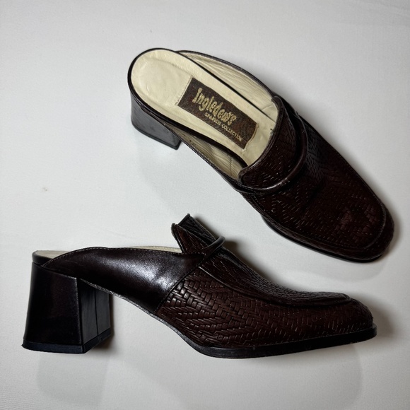 Ingledews Spain Women Brown Leather Woven Block Heel Mule 6 6.5 Preppy Academia - Picture 1 of 9